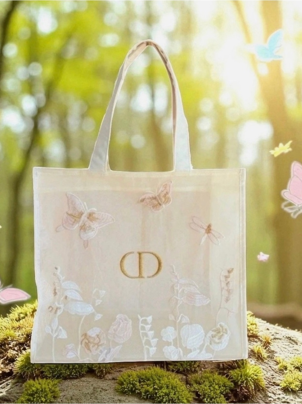 Dior Embroidered Cream Tote with Gold CD Logo
